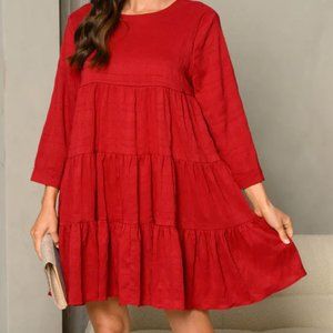 WOMEN'S 3,4 SLEEVE TIERED BABYDOLL TUNIC MINI DRESS